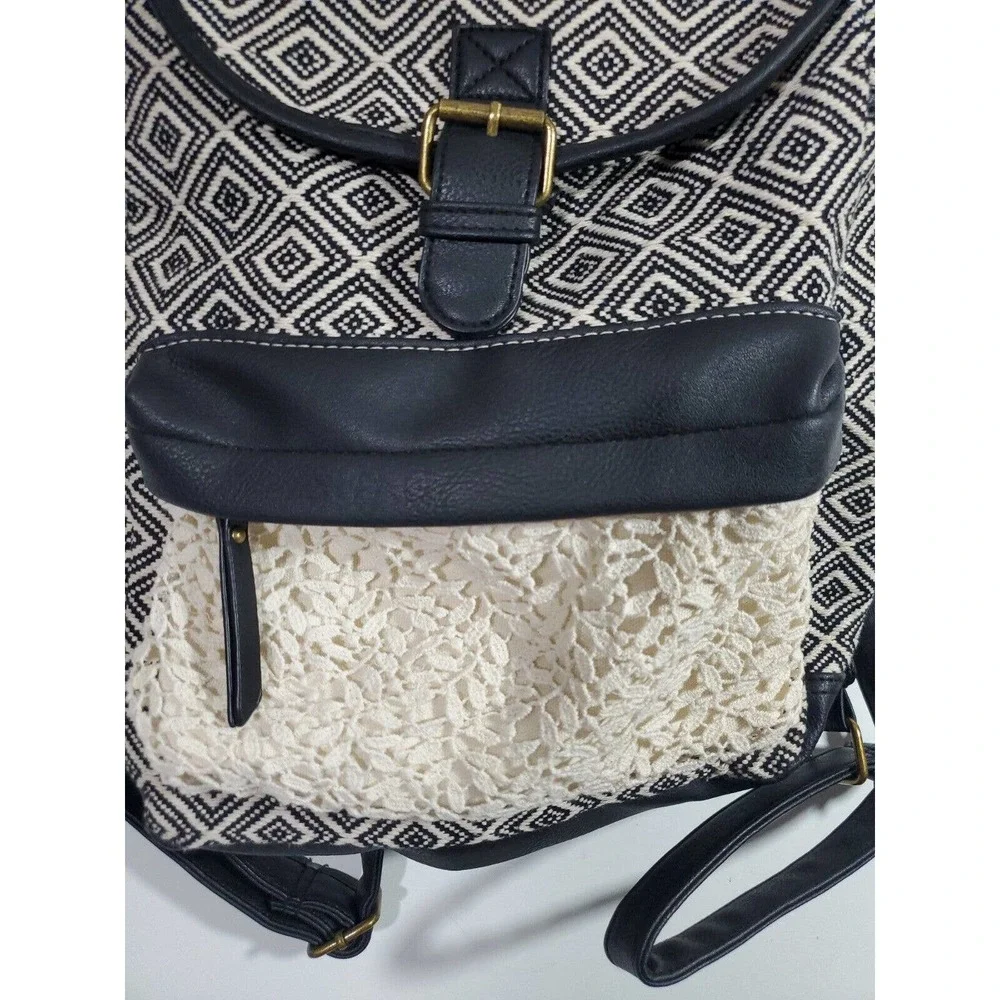 Madden Girl Bookbag Backpack Rucksack Ivory Black Med Embroidery Diamond Pattern
